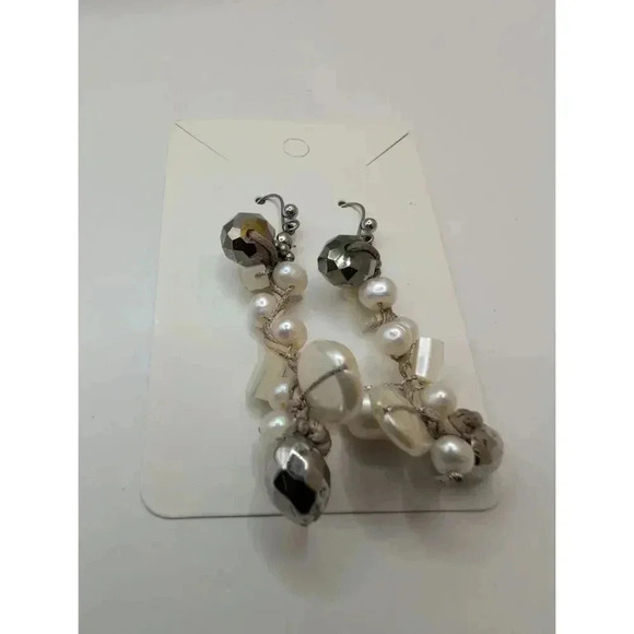 Chicos Pearl Necklace and Earrings Silvertone Braided Beige Cream Bohemian set - Picture 5 of 6